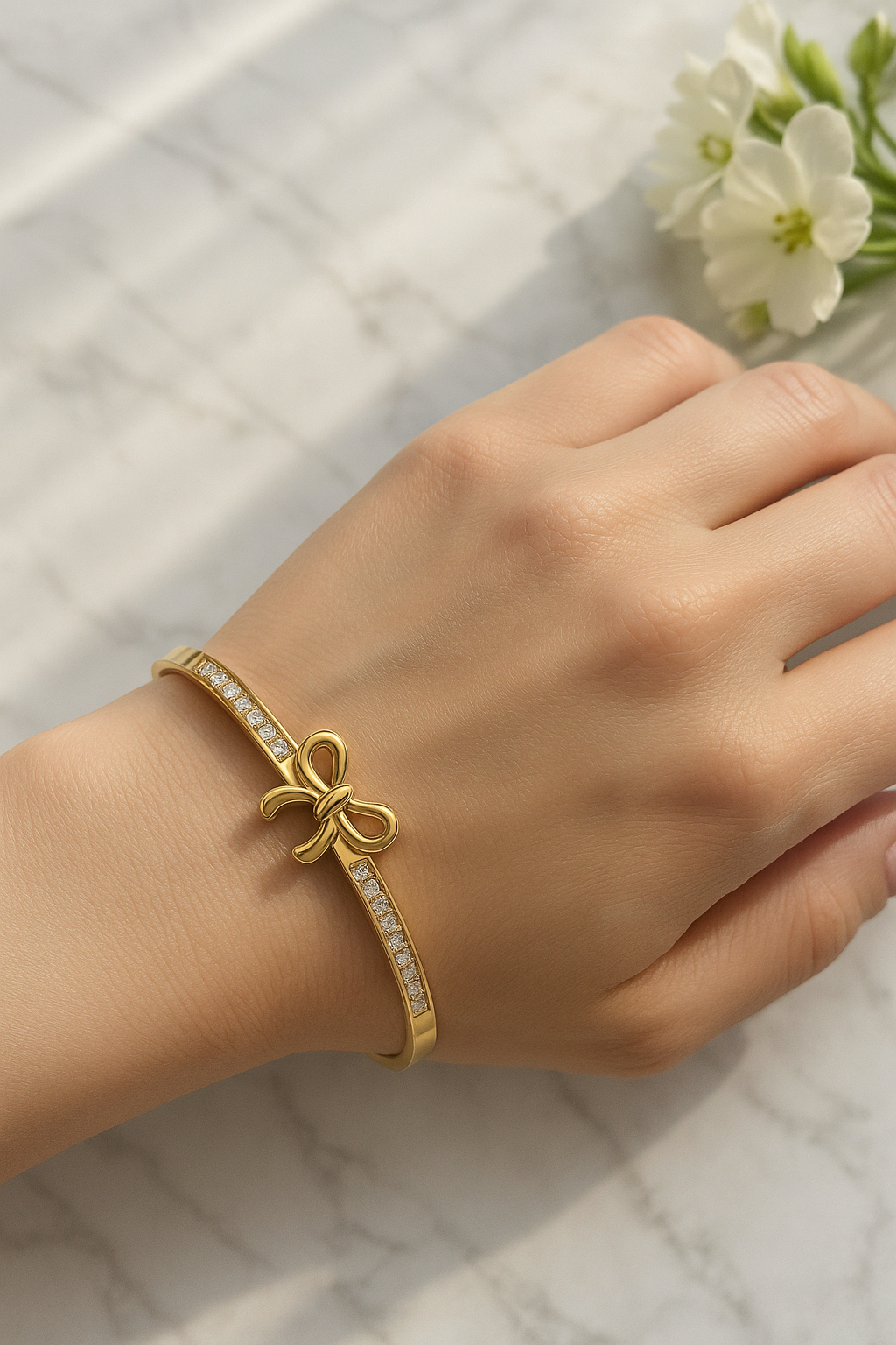 Golden Mini Bow Bangle with Sparkling Stones ✨ stainless steel bangle