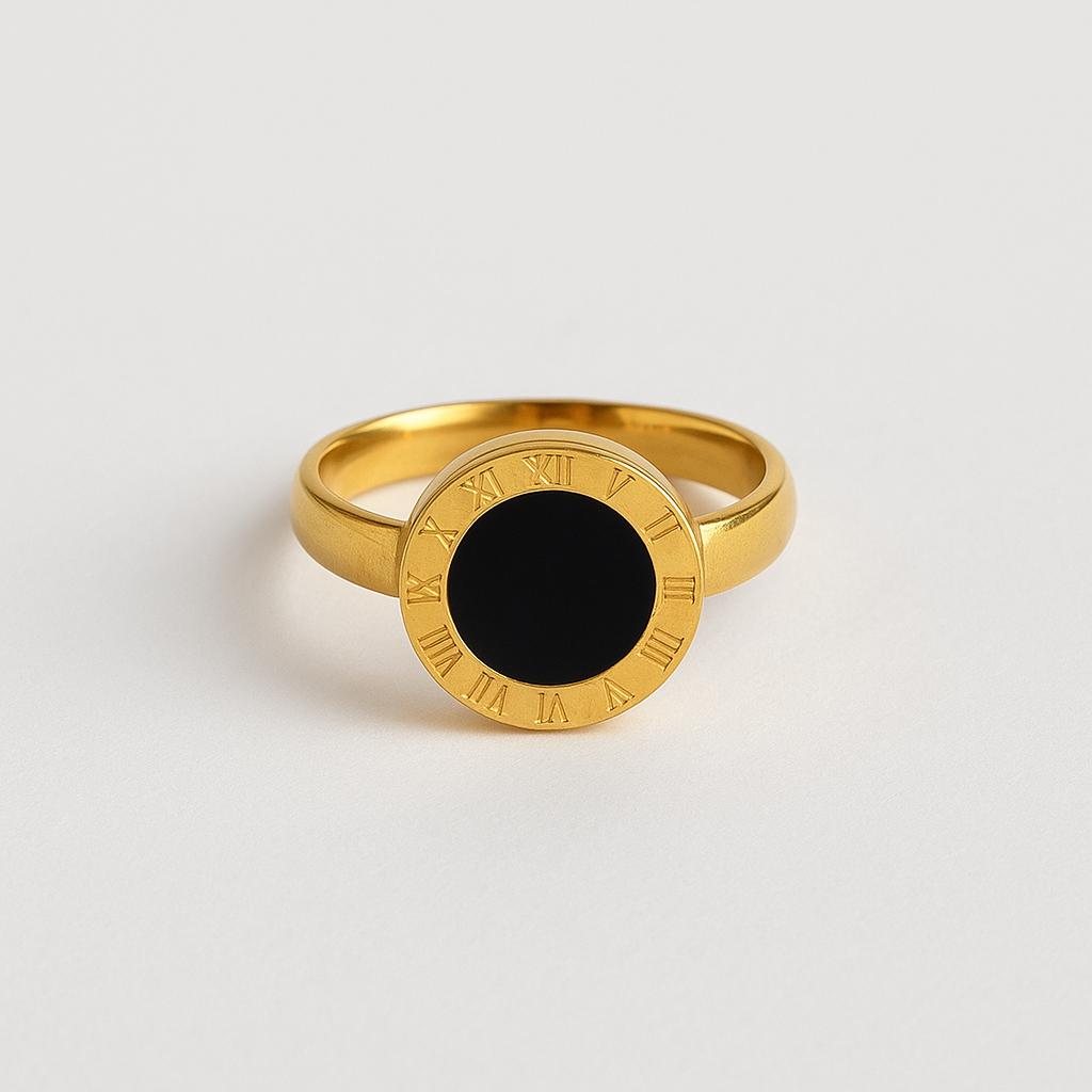 Stainless Steel Roman Dial Ring with Black Center Stone – Gold Finish🖤