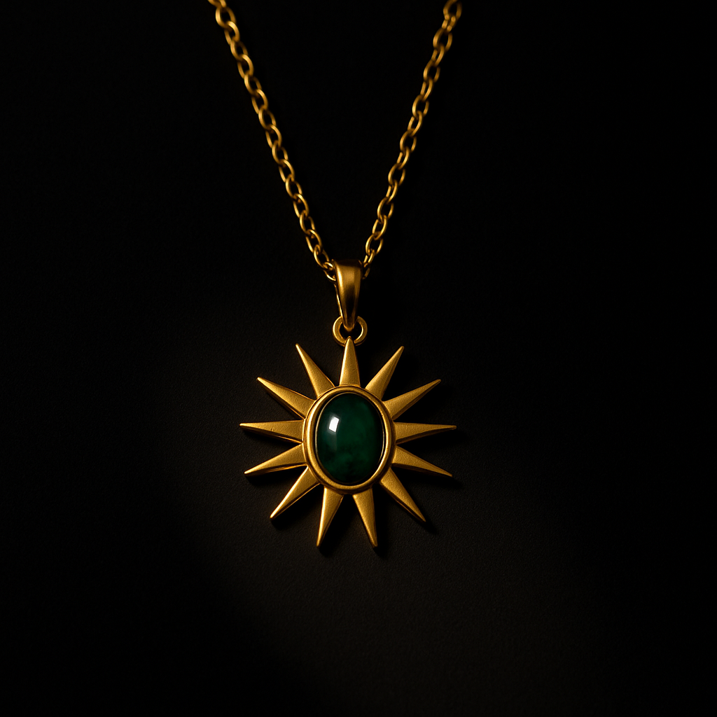 Emerald Sunburst Pendant – Gold Radiant Necklace (316L Stainless Steel)