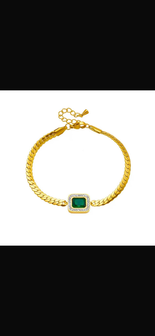Gold Stainless Steel Chain Bracelet with Emerald Green Stone