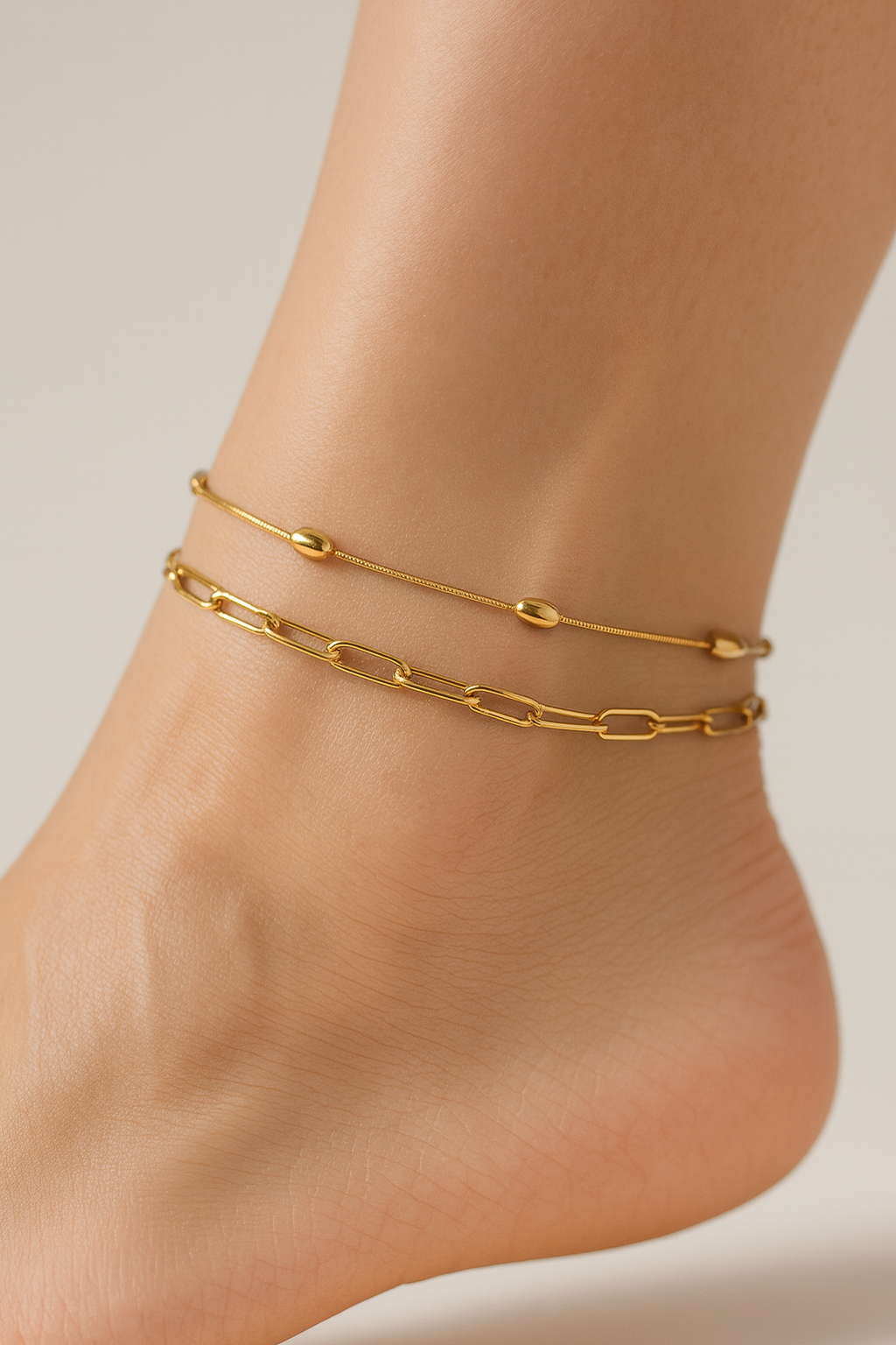 Two-Layer Gold Anklet – Beaded Chain & Link Chain Design