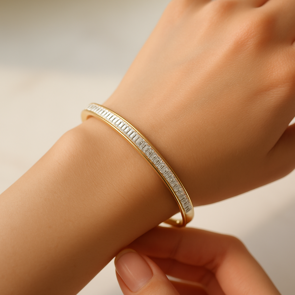 Golden Stainless Steel Bangle with Sleek Stone Line ✨
