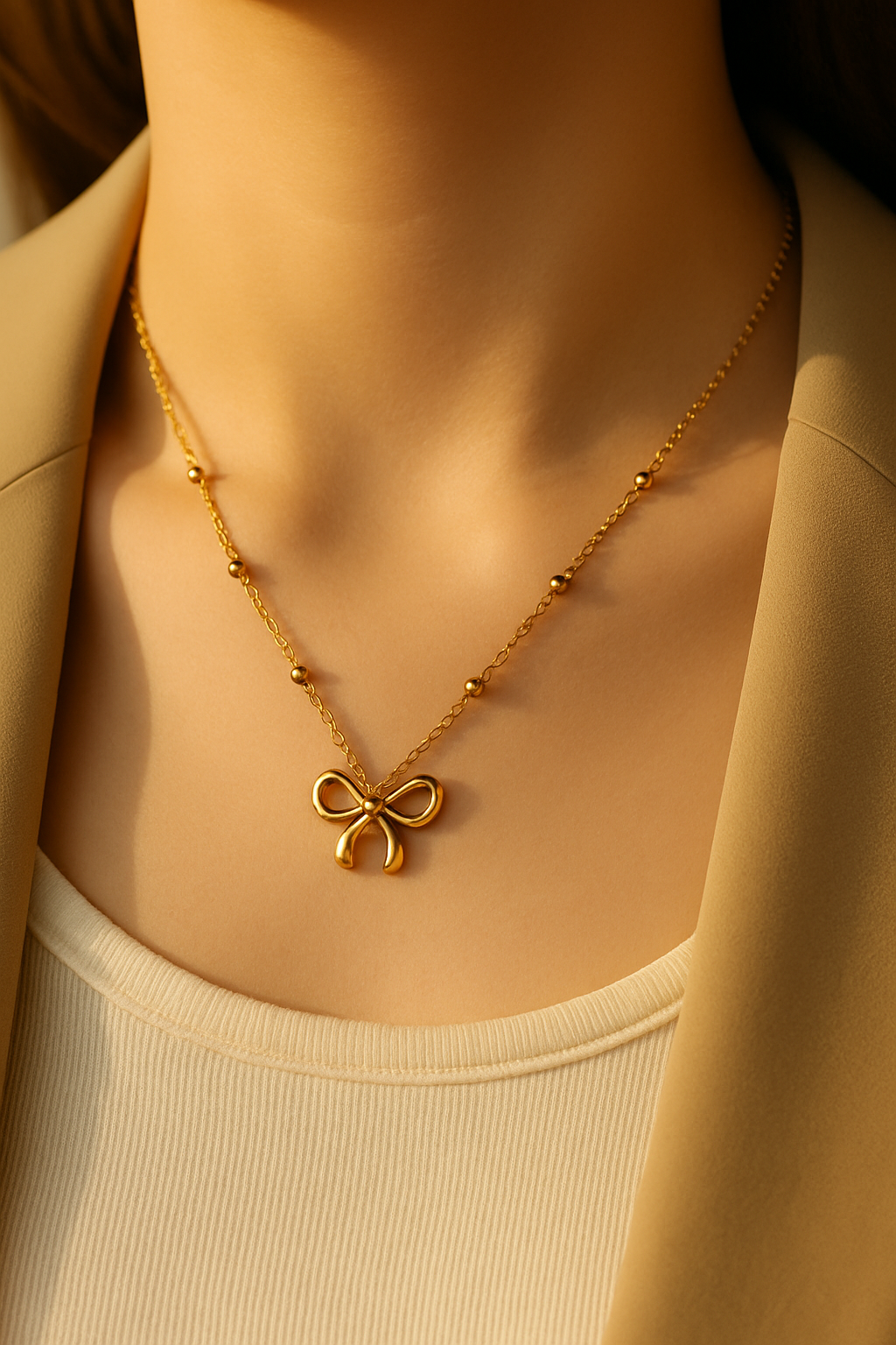 “Tarnish Free Golden Bow Pendant Necklace – Elegant & Timeless Design”