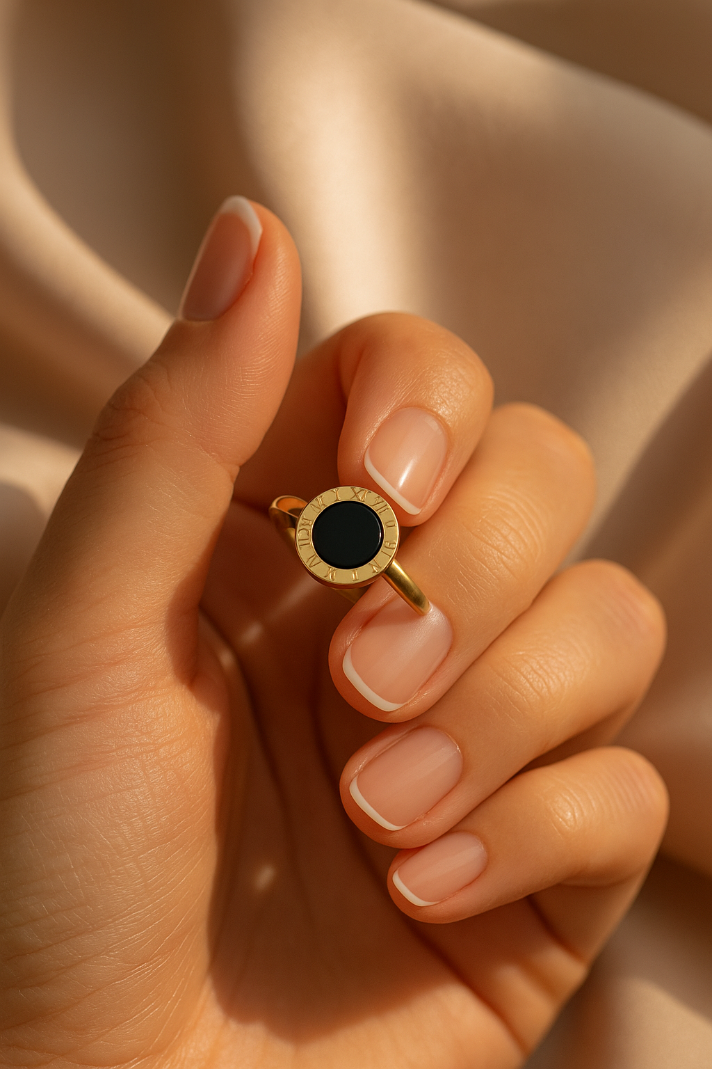 Stainless Steel Roman Dial Ring with Black Center Stone – Gold Finish🖤