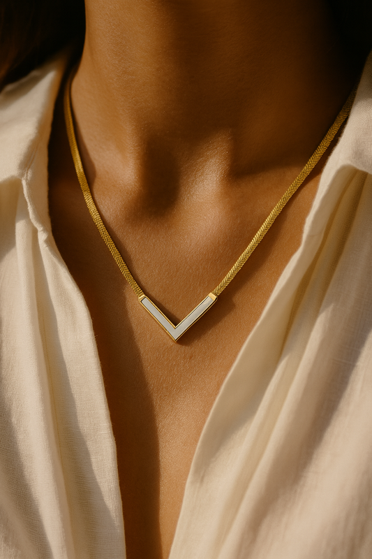 Tarnish Free Snake Chain V-Shape Pendant Necklace – White, Black & Green Variations”