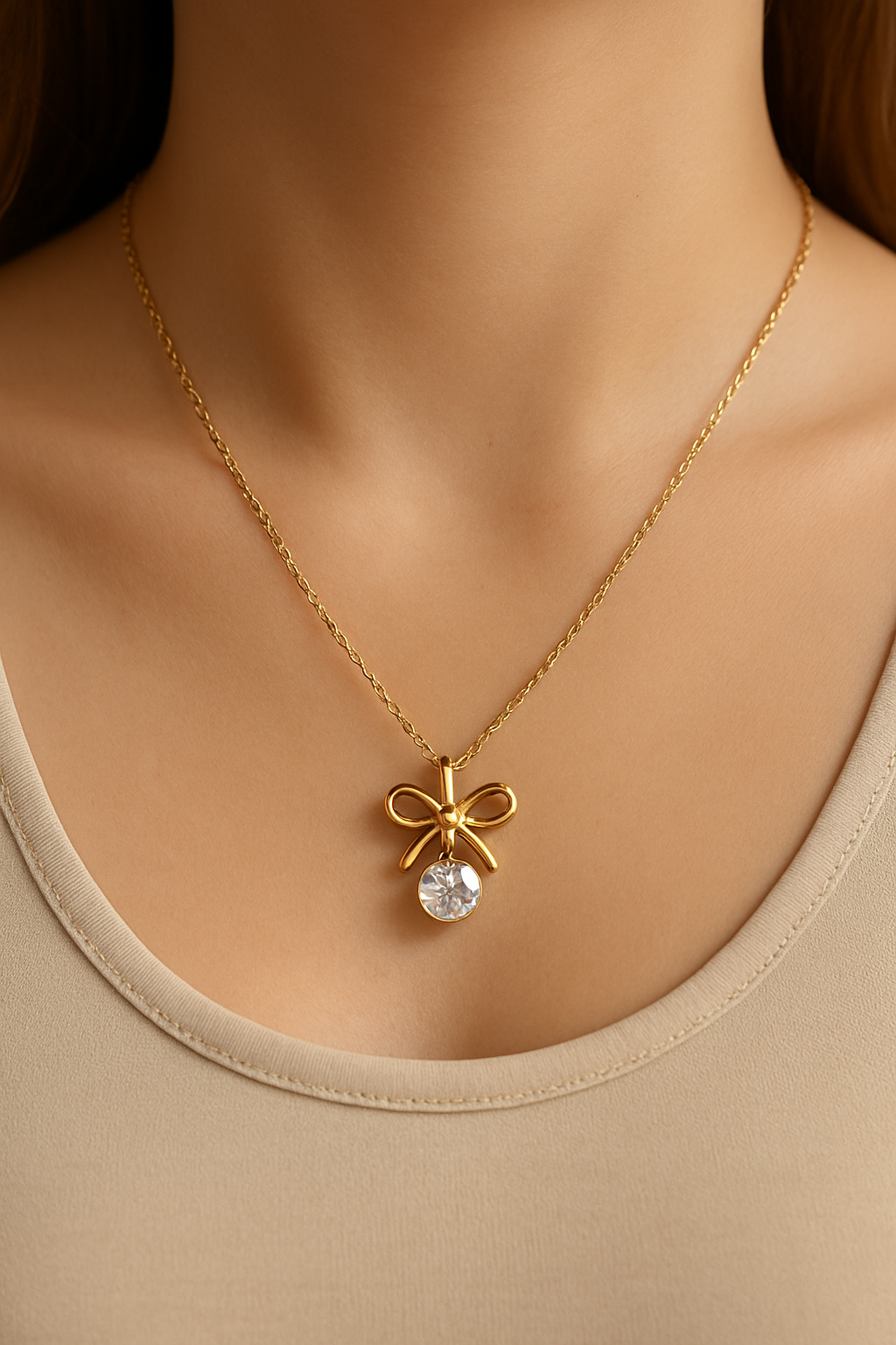 “Mini Bow Necklace with Hanging Heart Stone Charm”