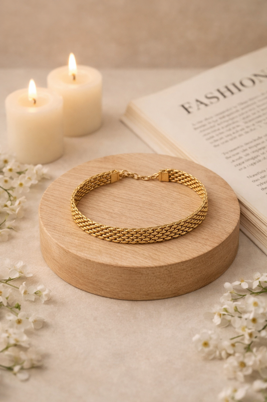 Bold Brick Mesh Bracelet – Wide Gold Stainless Steel Design