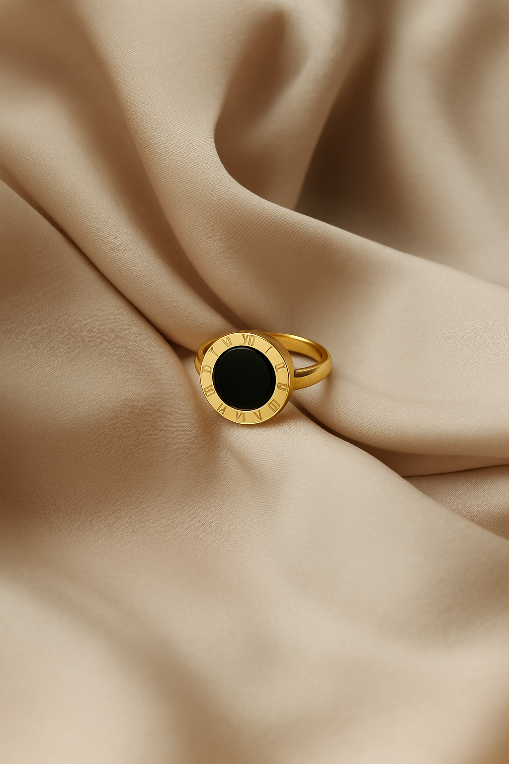 Stainless Steel Roman Dial Ring with Black Center Stone – Gold Finish🖤
