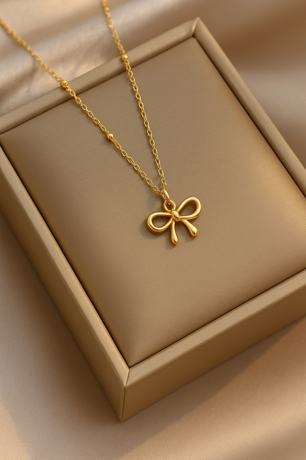 “Tarnish Free Golden Bow Pendant Necklace – Elegant & Timeless Design”