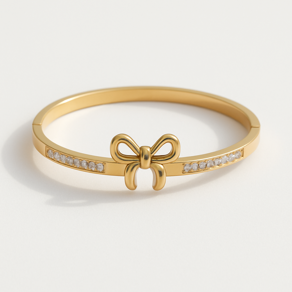 Golden Mini Bow Bangle with Sparkling Stones ✨ stainless steel bangle