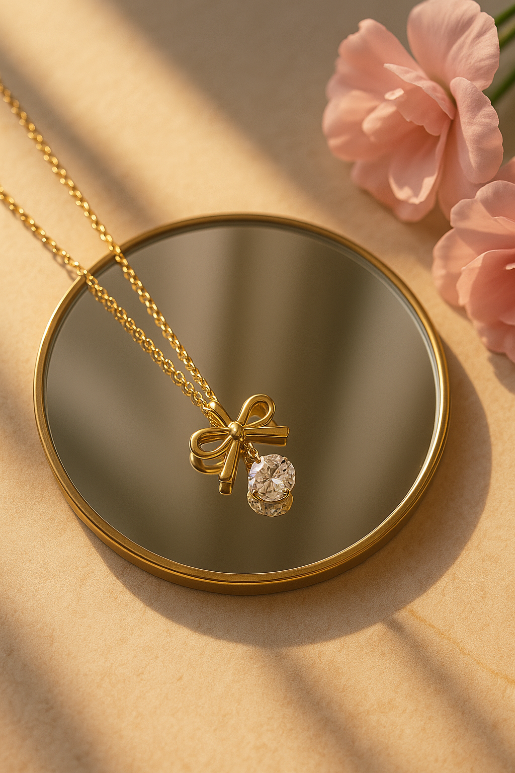 “Mini Bow Necklace with Hanging Heart Stone Charm”