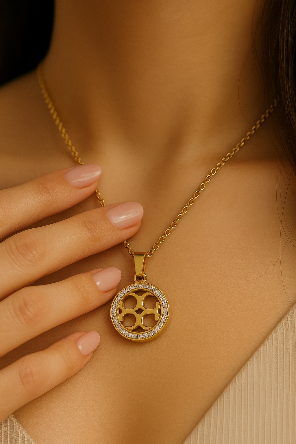 “Golden Round Pendant Necklace with Crystal Border – Tarnish Free”