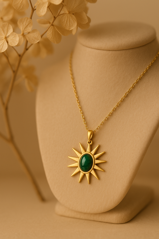 Emerald Sunburst Pendant – Gold Radiant Necklace (316L Stainless Steel)