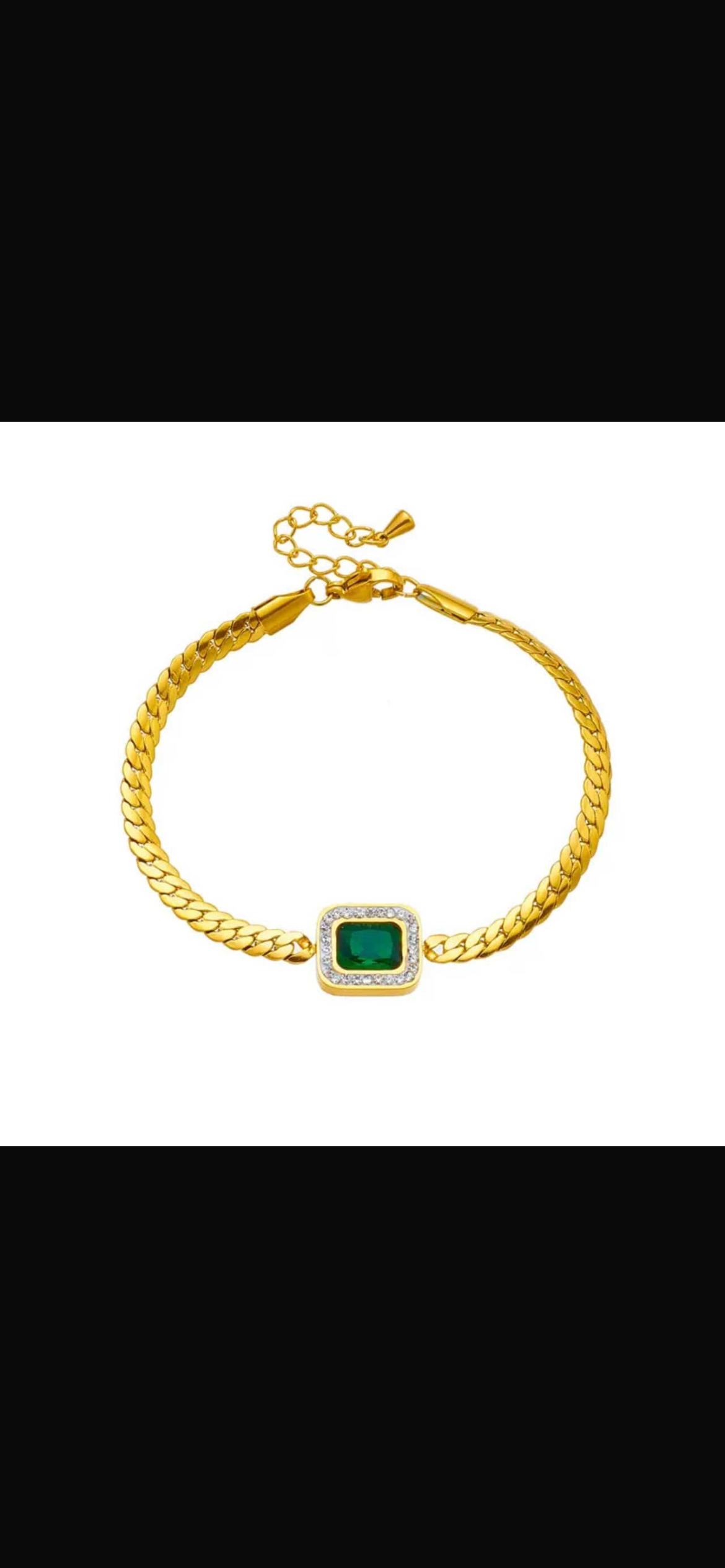Gold Stainless Steel Chain Bracelet with Emerald Green Stone